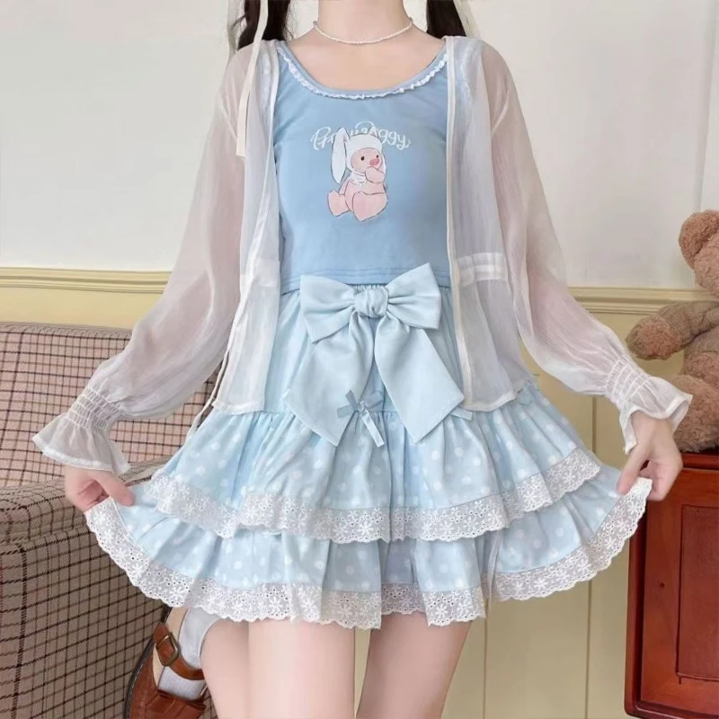 Summer Sweet Bow Lolita Cake Skirts Womens Kawai Lace Ruffle Pleated Skirt Japan Elegant High Waist A-Line Y2k Party Short Skirt