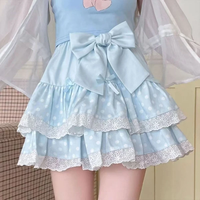 Summer Sweet Bow Lolita Cake Skirts Womens Kawai Lace Ruffle Pleated Skirt Japan Elegant High Waist A-Line Y2k Party Short Skirt