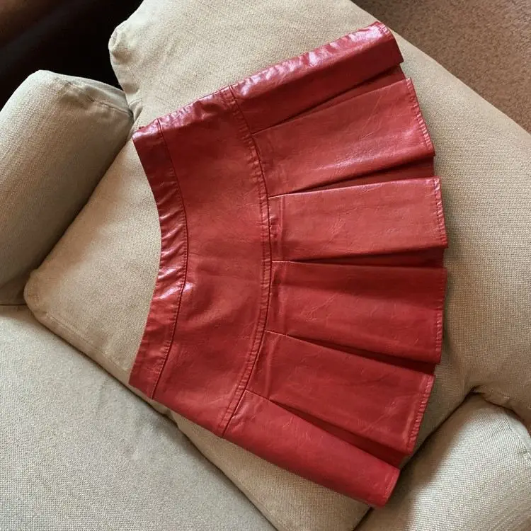 American PU Leather Pleated Skirt Women Slim High-waisted Design Mini Skirt Red Black