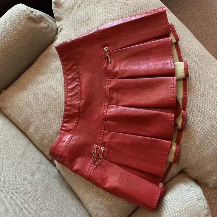 American PU Leather Pleated Skirt Women Slim High-waisted Design Mini Skirt Red Black