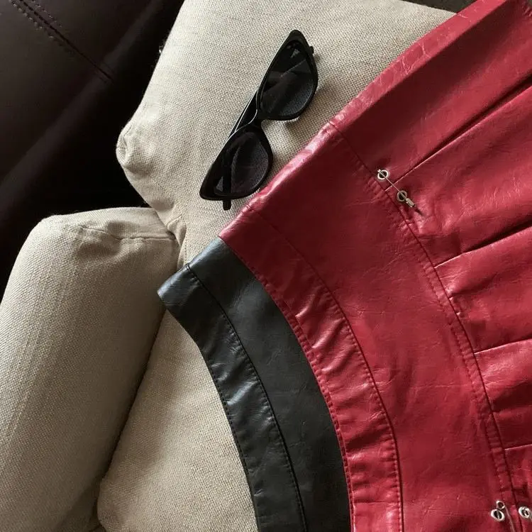 American PU Leather Pleated Skirt Women Slim High-waisted Design Mini Skirt Red Black