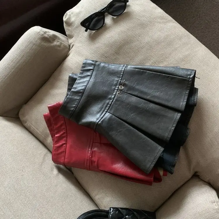 American PU Leather Pleated Skirt Women Slim High-waisted Design Mini Skirt Red Black
