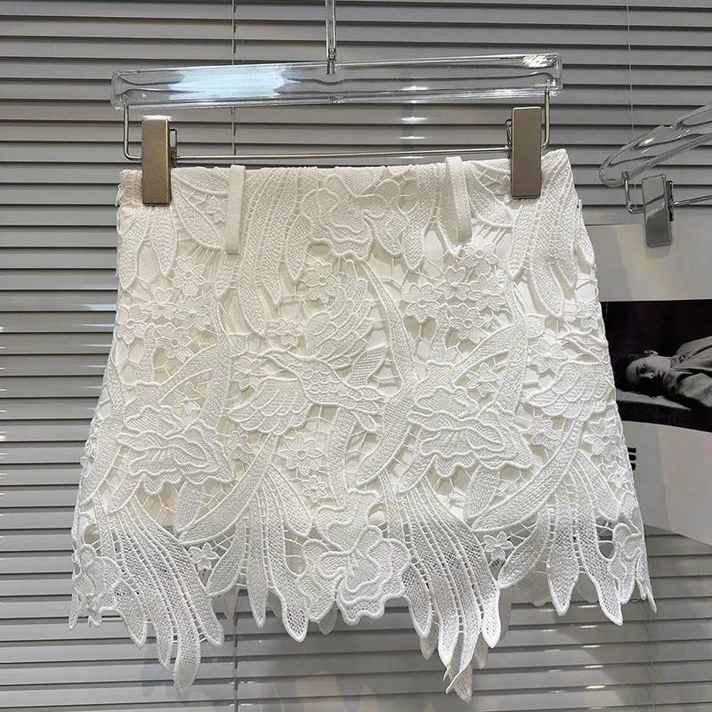 DEAT Fashion Hollow Out Lace Hook Flower Solid Color Short Skirts For Women 2026 Autumn New A-line Skirt Female 11A02183