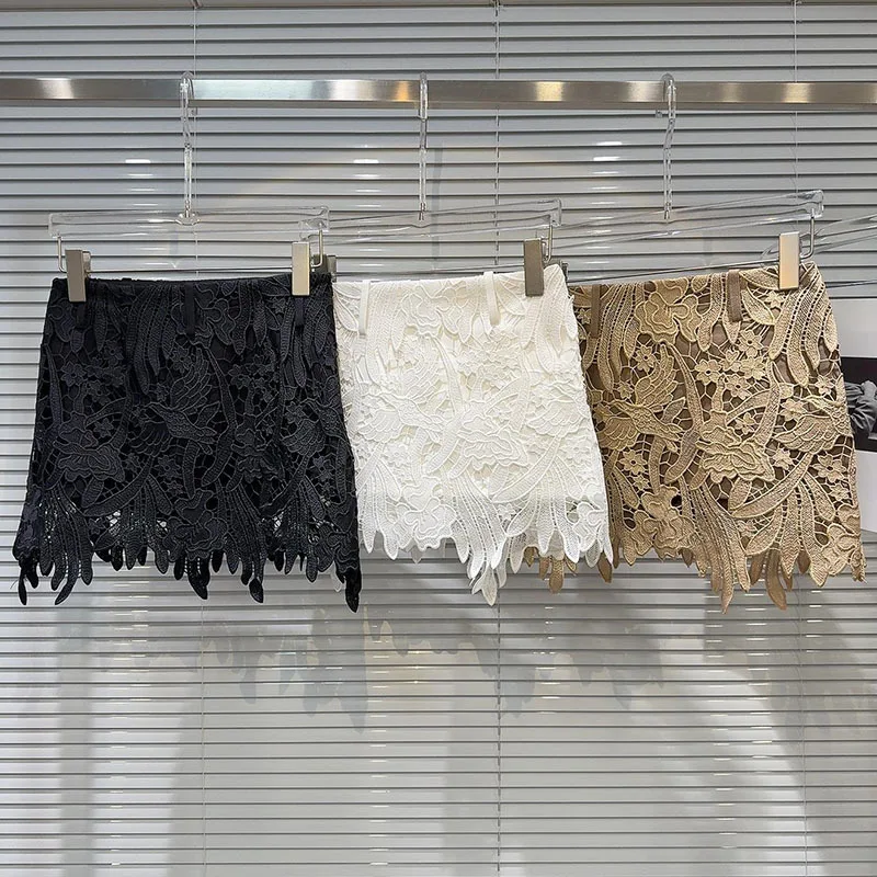 DEAT Fashion Hollow Out Lace Hook Flower Solid Color Short Skirts For Women 2026 Autumn New A-line Skirt Female 11A02183