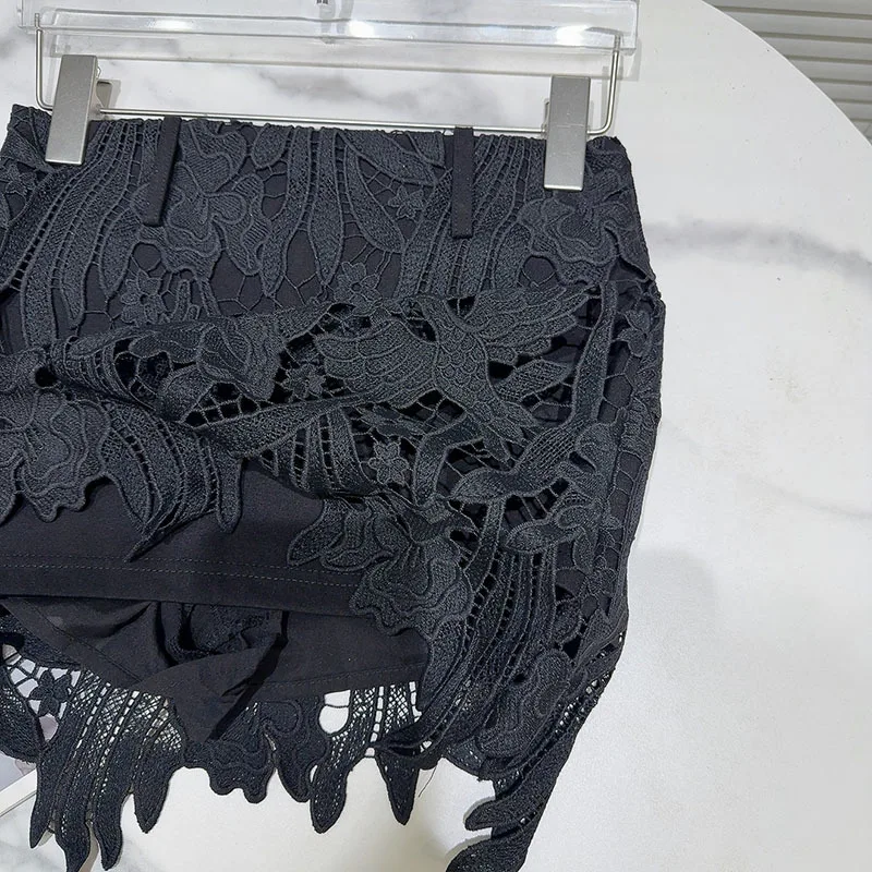 DEAT Fashion Hollow Out Lace Hook Flower Solid Color Short Skirts For Women 2026 Autumn New A-line Skirt Female 11A02183