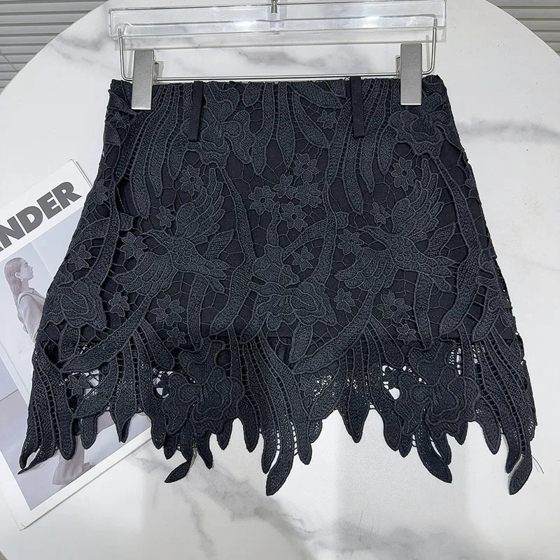 DEAT Fashion Hollow Out Lace Hook Flower Solid Color Short Skirts For Women 2026 Autumn New A-line Skirt Female 11A02183