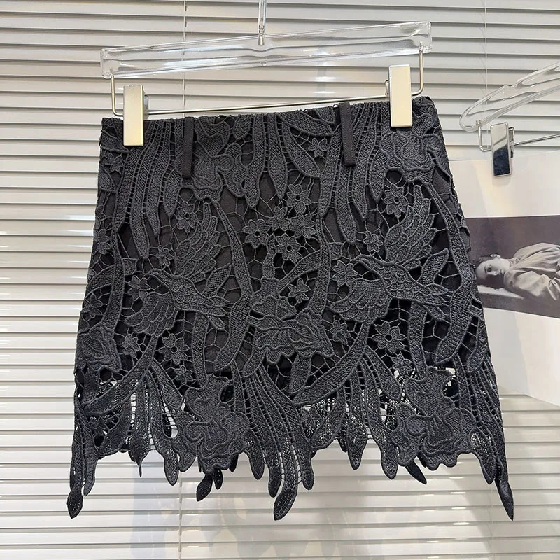 DEAT Fashion Hollow Out Lace Hook Flower Solid Color Short Skirts For Women 2026 Autumn New A-line Skirt Female 11A02183