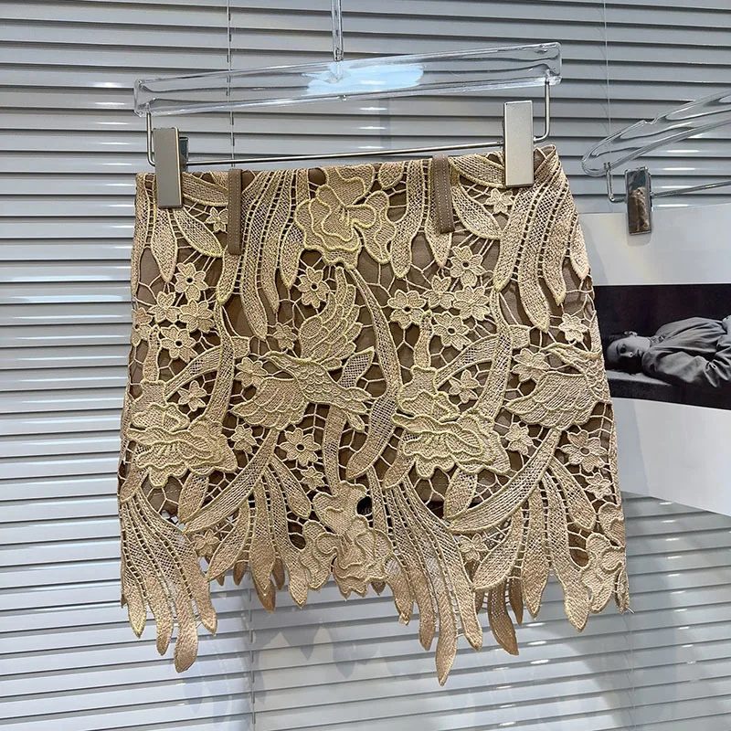 DEAT Fashion Hollow Out Lace Hook Flower Solid Color Short Skirts For Women 2026 Autumn New A-line Skirt Female 11A02183