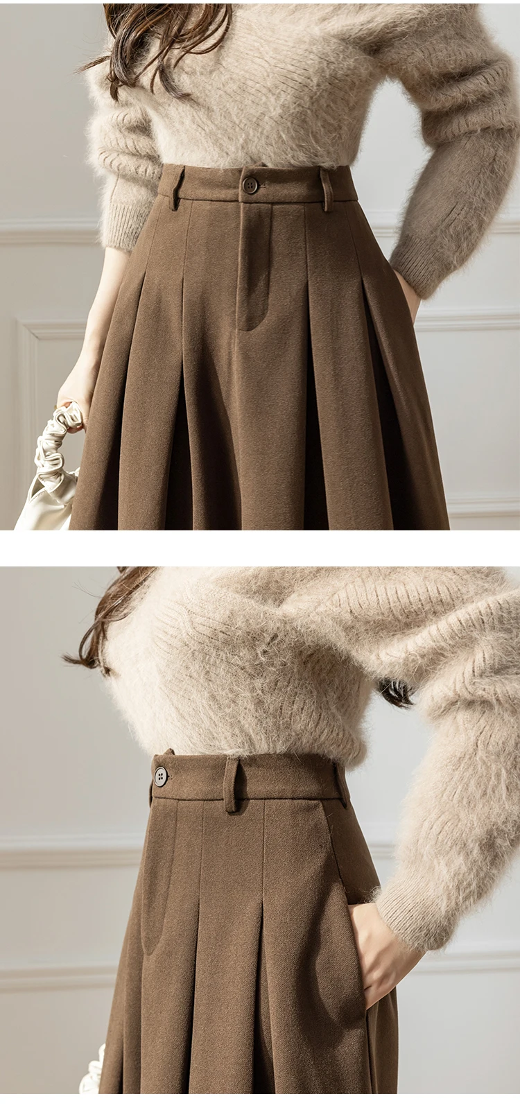 Vintage Winter Woolen Long Skirts For Women Streetwear High Waist Pleated Maxi Skirt Big Swing Folds A-Line Jupe Longues Femme