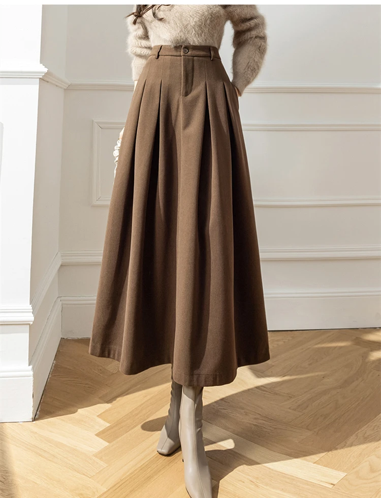 Vintage Winter Woolen Long Skirts For Women Streetwear High Waist Pleated Maxi Skirt Big Swing Folds A-Line Jupe Longues Femme