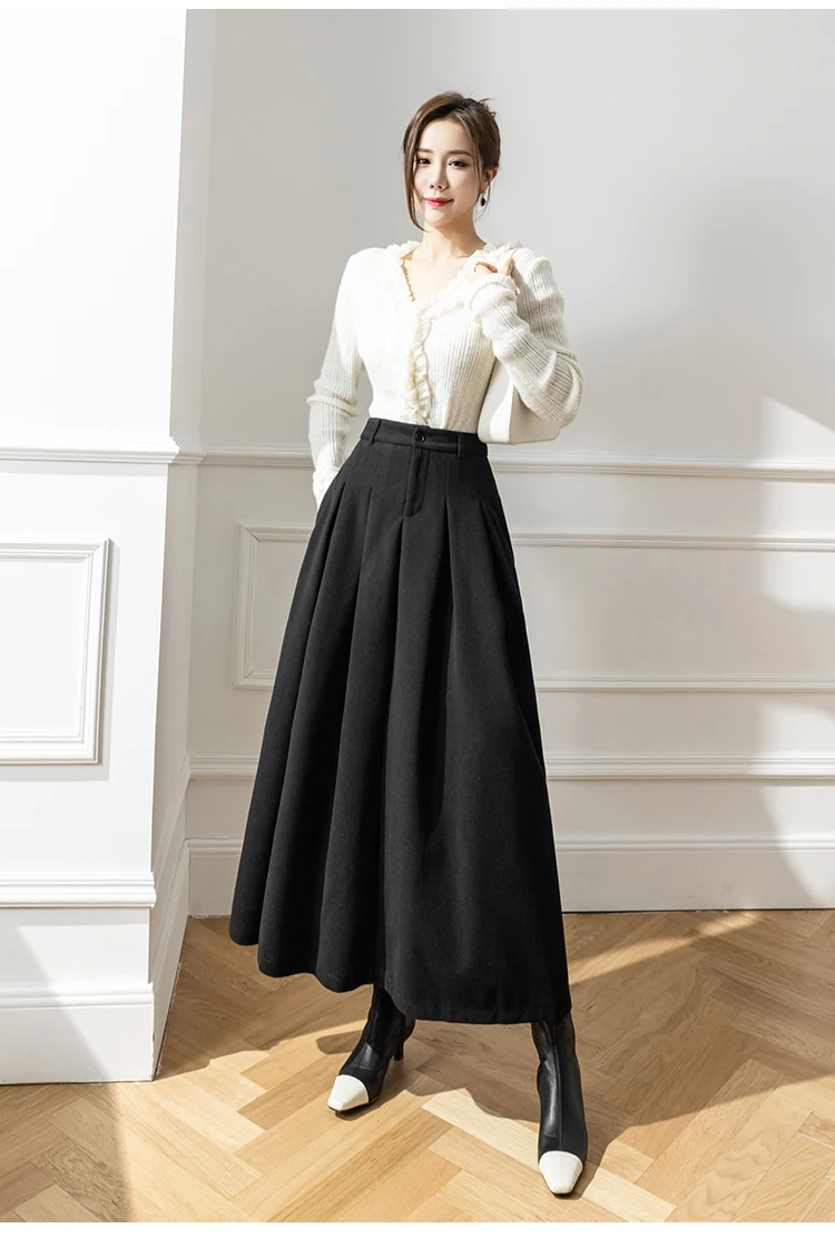 Vintage Winter Woolen Long Skirts For Women Streetwear High Waist Pleated Maxi Skirt Big Swing Folds A-Line Jupe Longues Femme
