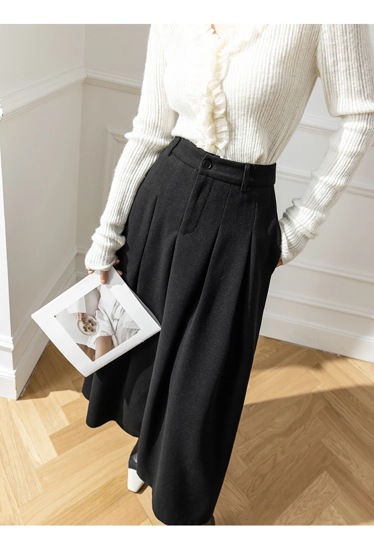Vintage Winter Woolen Long Skirts For Women Streetwear High Waist Pleated Maxi Skirt Big Swing Folds A-Line Jupe Longues Femme