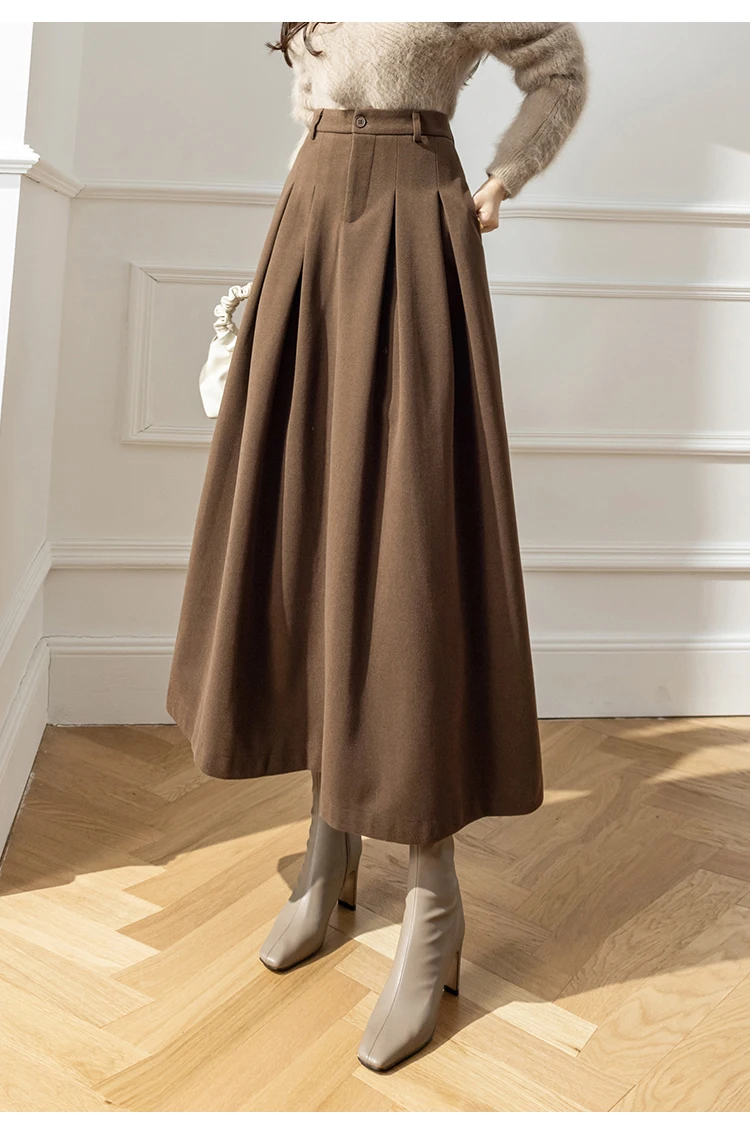 Vintage Winter Woolen Long Skirts For Women Streetwear High Waist Pleated Maxi Skirt Big Swing Folds A-Line Jupe Longues Femme