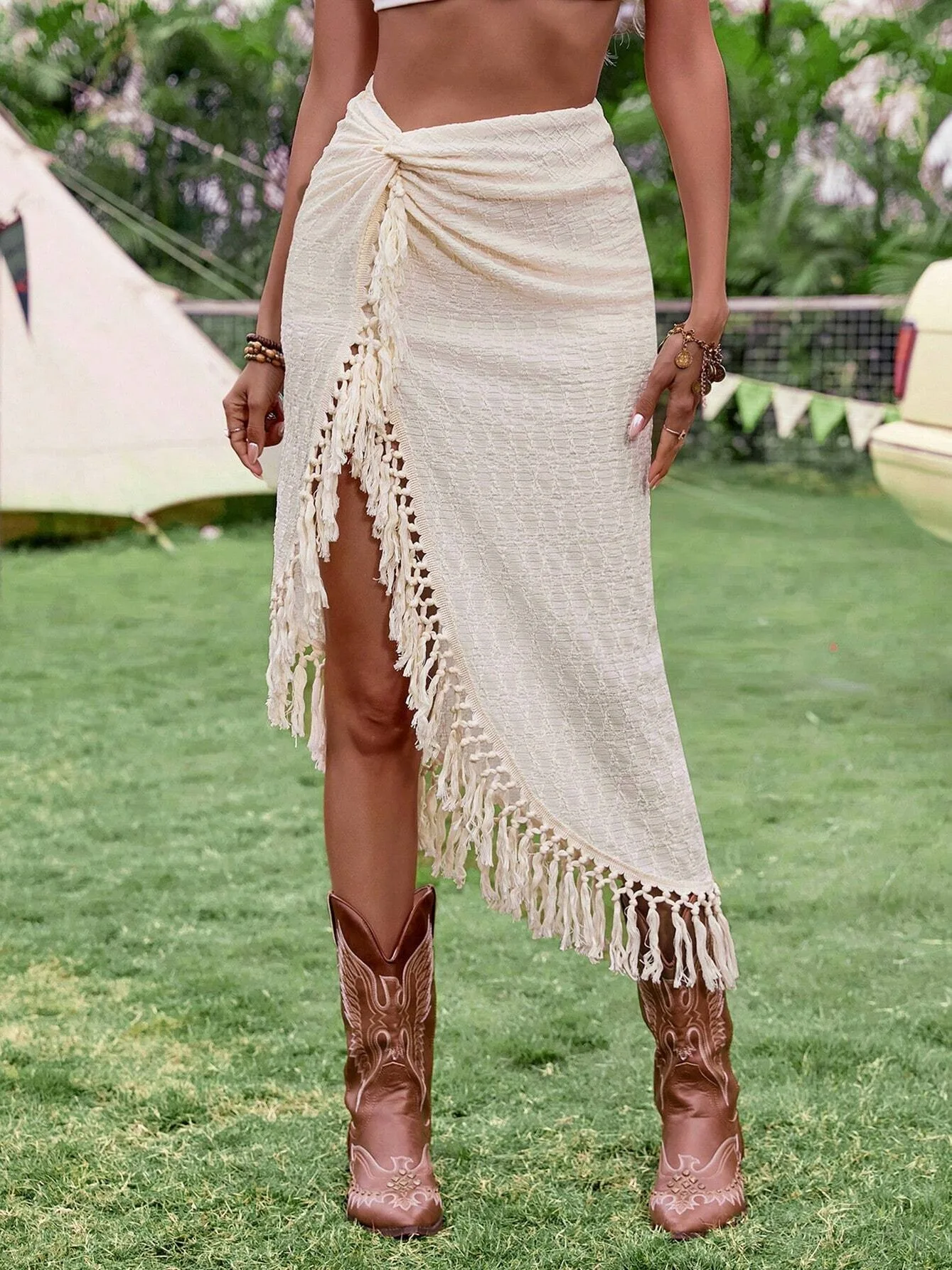 Cotton Lined Women Summer Asymmetrical Tassel Vintage Beach Style High Slit Hollow Ruch Tie Lace Up Medi Skirts Holiday Bohemian
