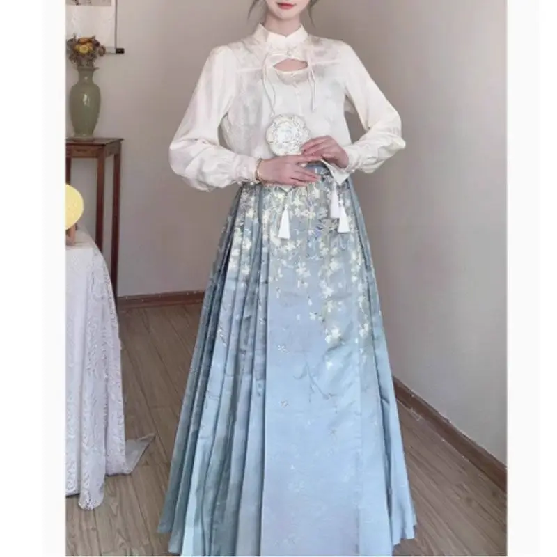 Chinese Style Dark Green Pleated Mamianqun for Women Traditional Hanfu Skirt with Landscape Floral Brocade Elegant Slim Skirt