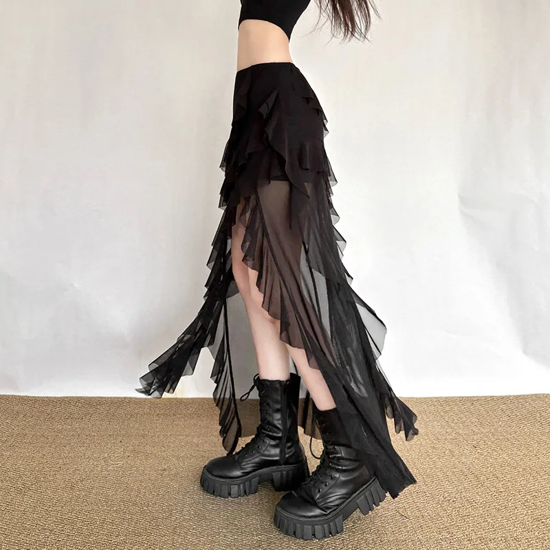 Goth Dark Mall Gothic Black Outfits Women Fashion Street Bottoms Mesh Patchwork Irregular Hem Skirt Kawaii Ruffles Skirts