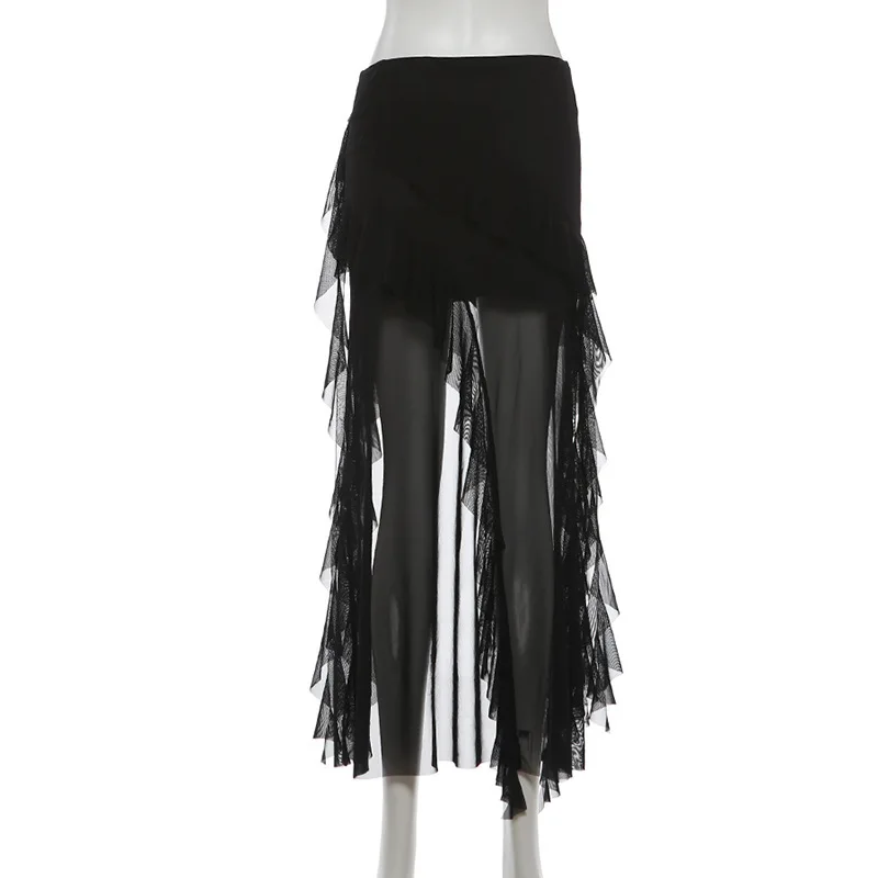 Goth Dark Mall Gothic Black Outfits Women Fashion Street Bottoms Mesh Patchwork Irregular Hem Skirt Kawaii Ruffles Skirts