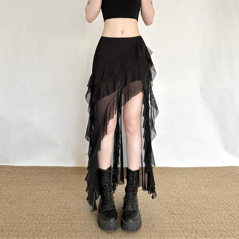 Goth Dark Mall Gothic Black Outfits Women Fashion Street Bottoms Mesh Patchwork Irregular Hem Skirt Kawaii Ruffles Skirts