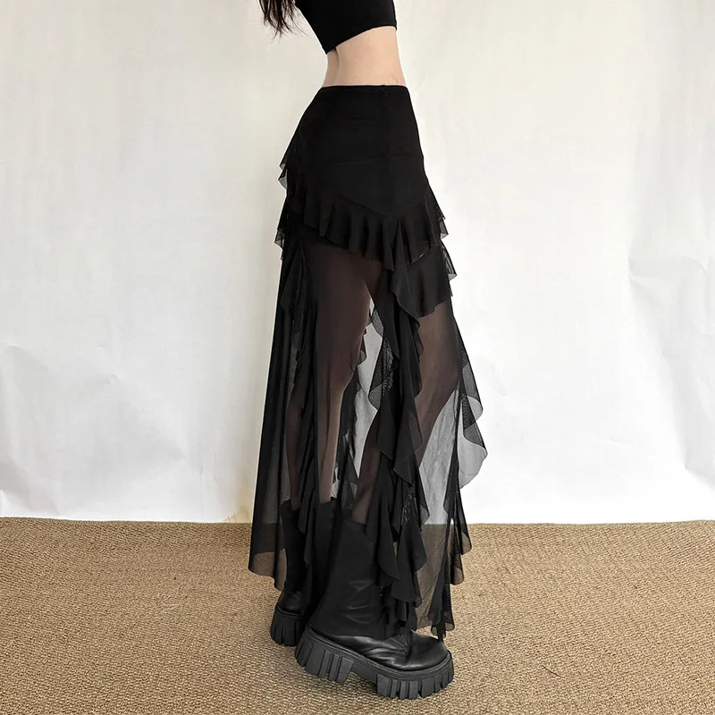 Goth Dark Mall Gothic Black Outfits Women Fashion Street Bottoms Mesh Patchwork Irregular Hem Skirt Kawaii Ruffles Skirts
