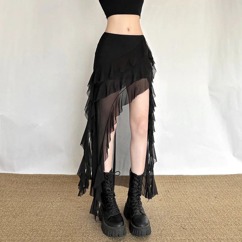 Goth Dark Mall Gothic Black Outfits Women Fashion Street Bottoms Mesh Patchwork Irregular Hem Skirt Kawaii Ruffles Skirts