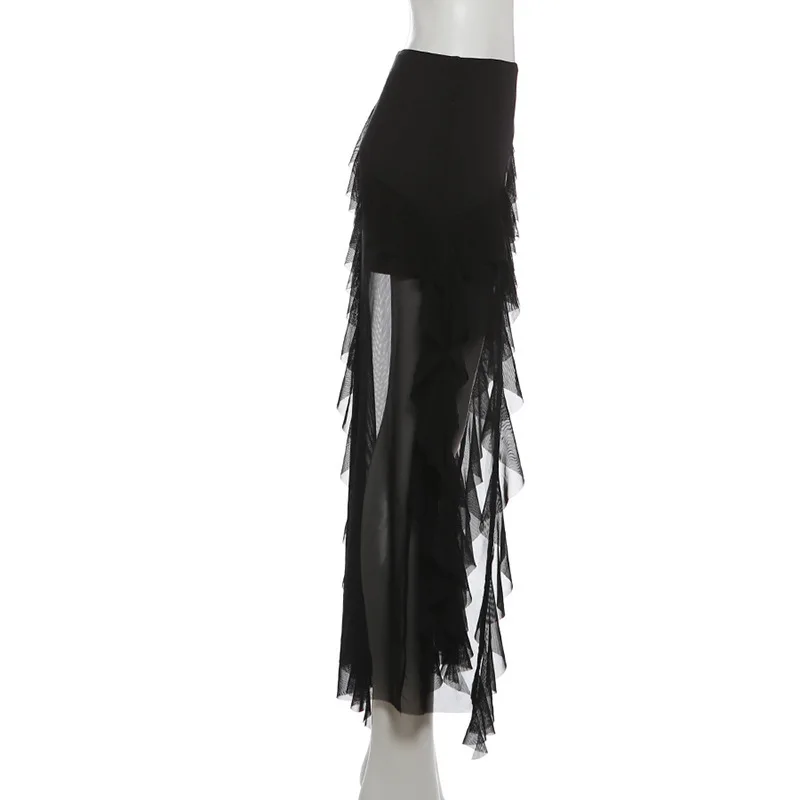 Goth Dark Mall Gothic Black Outfits Women Fashion Street Bottoms Mesh Patchwork Irregular Hem Skirt Kawaii Ruffles Skirts