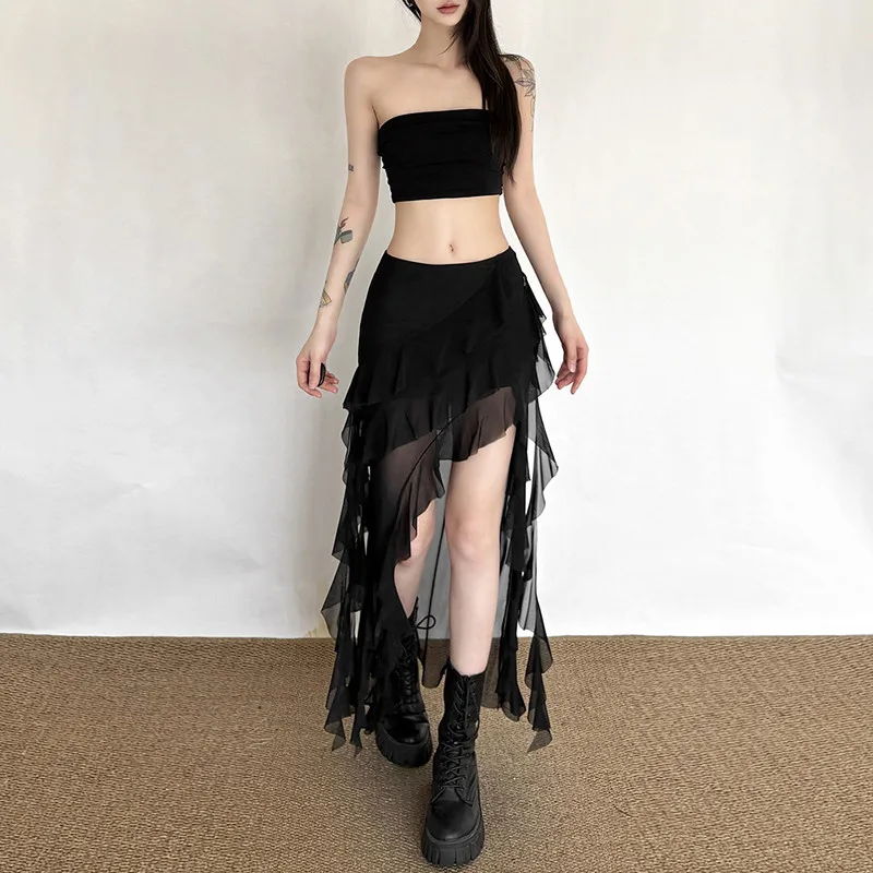 Goth Dark Mall Gothic Black Outfits Women Fashion Street Bottoms Mesh Patchwork Irregular Hem Skirt Kawaii Ruffles Skirts