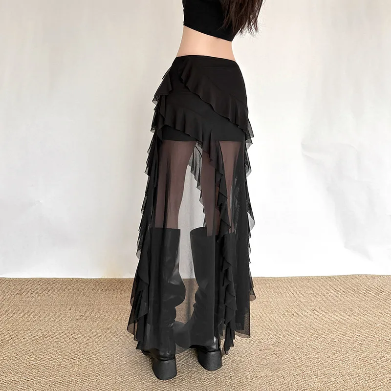 Goth Dark Mall Gothic Black Outfits Women Fashion Street Bottoms Mesh Patchwork Irregular Hem Skirt Kawaii Ruffles Skirts