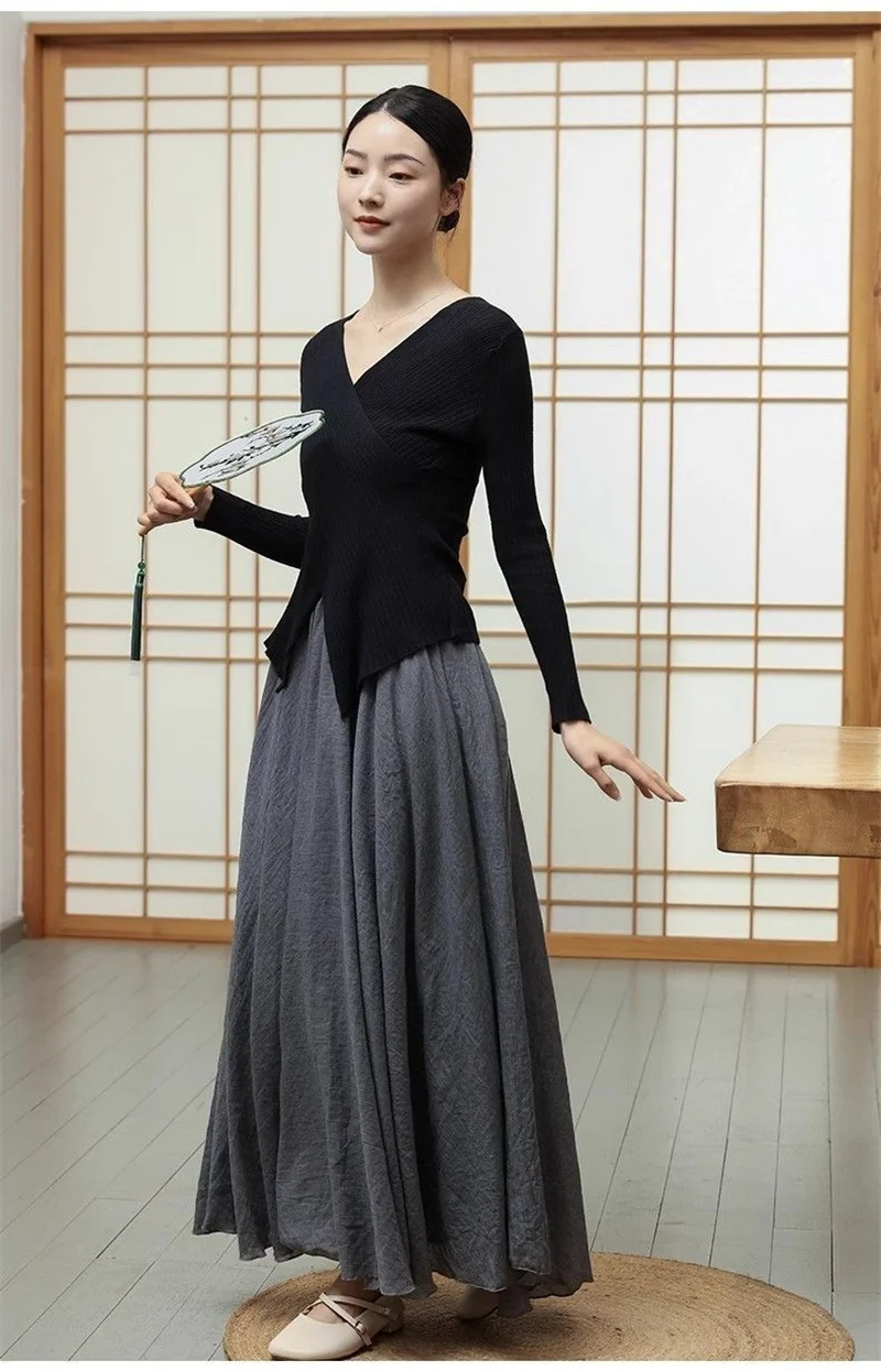 Female High Waisted Cotton Linen Maxi Skirt Women Leisure Bilayer Half Length Skirt New Chinese Style Lady Versatile Long Skirts