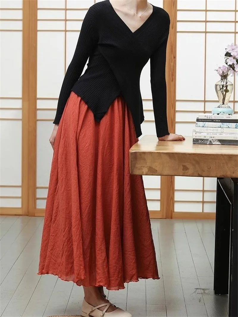 Female High Waisted Cotton Linen Maxi Skirt Women Leisure Bilayer Half Length Skirt New Chinese Style Lady Versatile Long Skirts