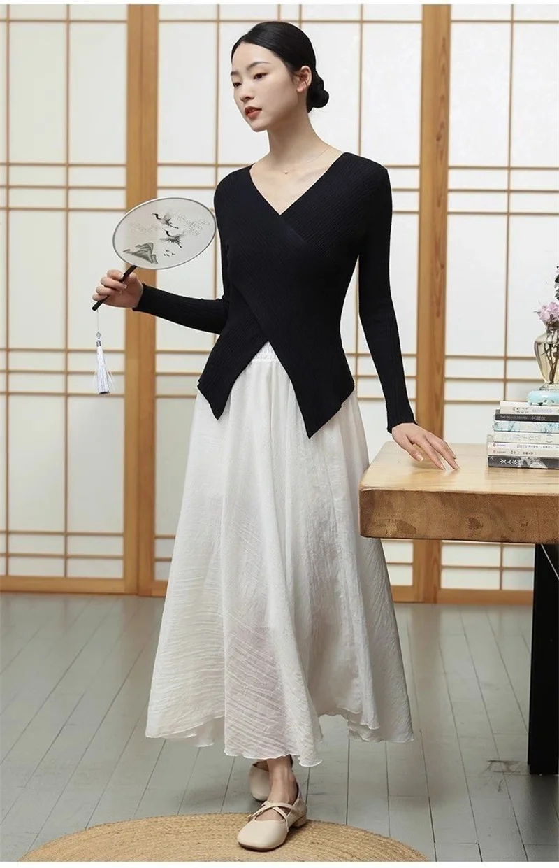 Female High Waisted Cotton Linen Maxi Skirt Women Leisure Bilayer Half Length Skirt New Chinese Style Lady Versatile Long Skirts