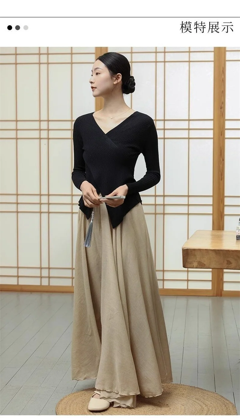 Female High Waisted Cotton Linen Maxi Skirt Women Leisure Bilayer Half Length Skirt New Chinese Style Lady Versatile Long Skirts