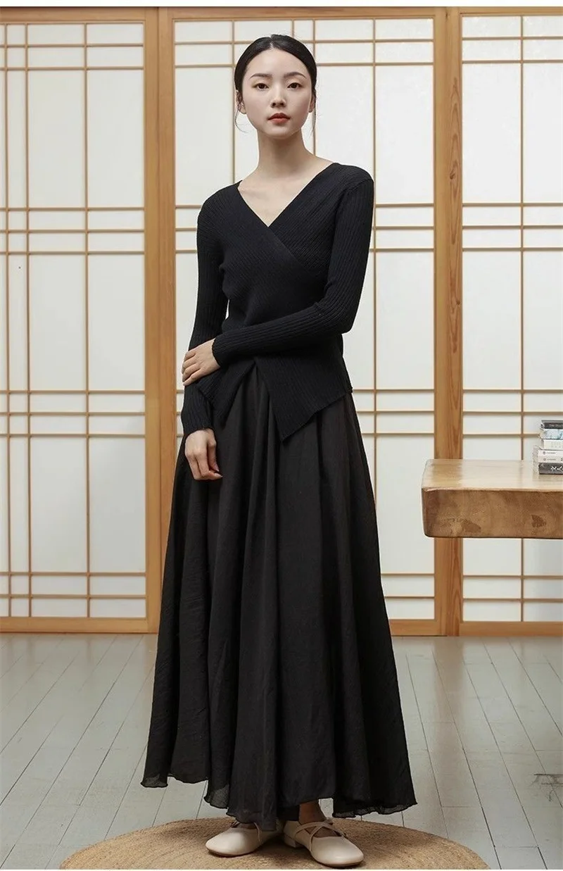 Female High Waisted Cotton Linen Maxi Skirt Women Leisure Bilayer Half Length Skirt New Chinese Style Lady Versatile Long Skirts