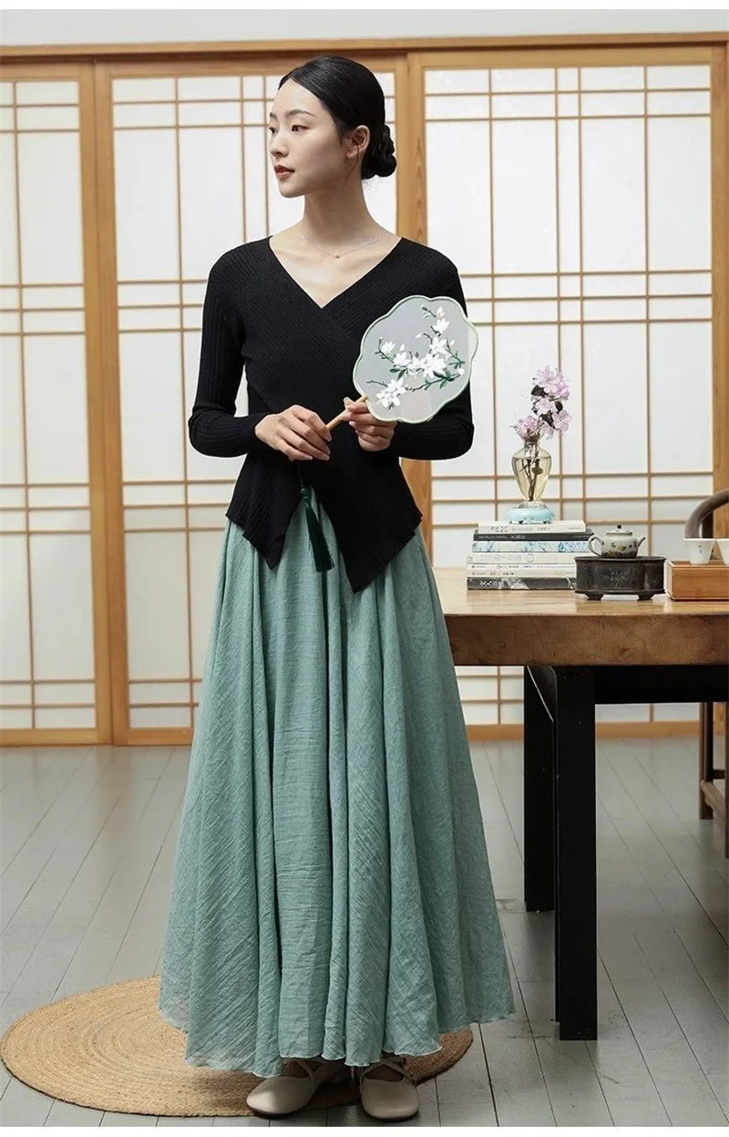Female High Waisted Cotton Linen Maxi Skirt Women Leisure Bilayer Half Length Skirt New Chinese Style Lady Versatile Long Skirts