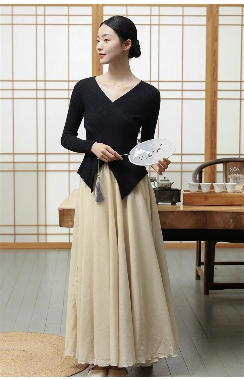Female High Waisted Cotton Linen Maxi Skirt Women Leisure Bilayer Half Length Skirt New Chinese Style Lady Versatile Long Skirts