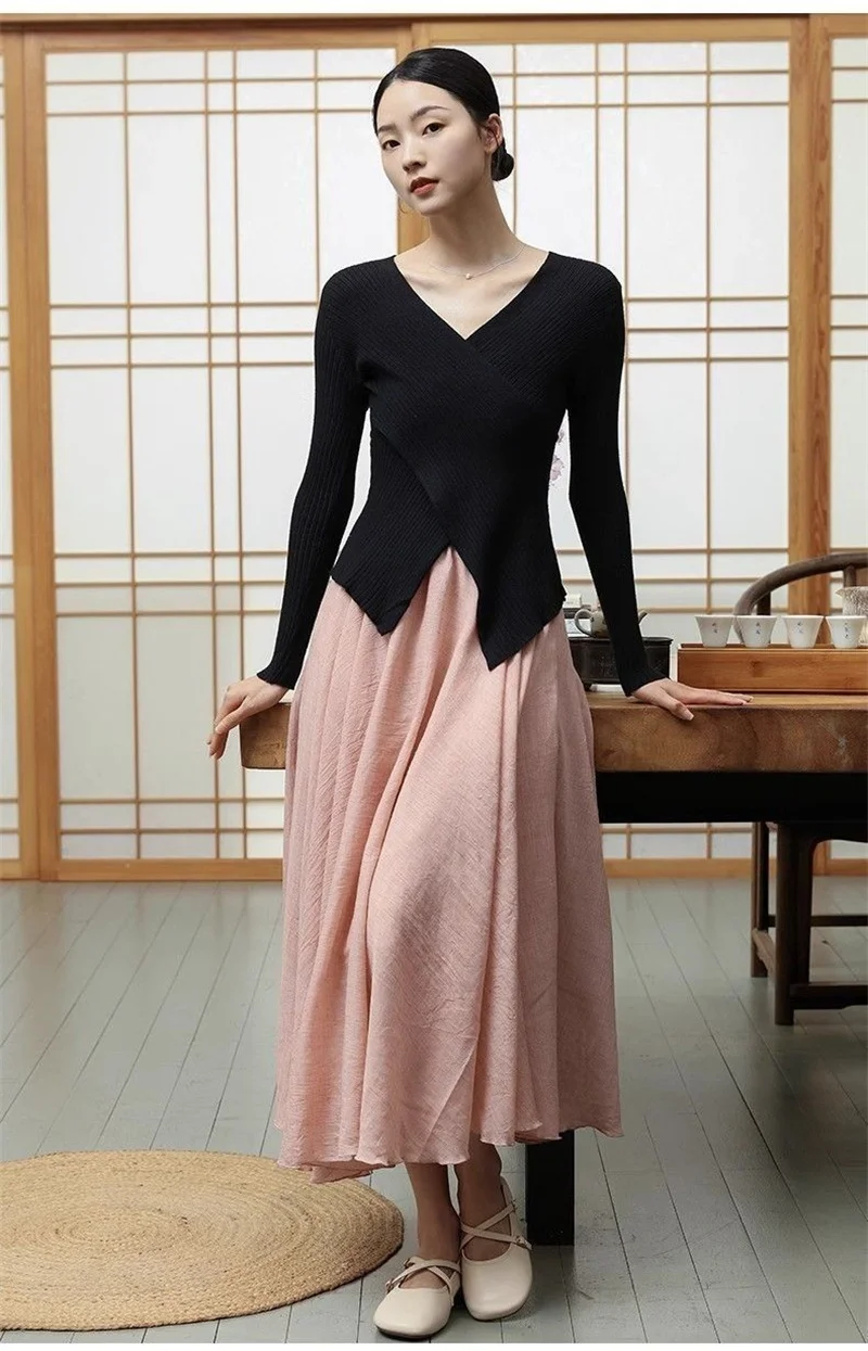 Female High Waisted Cotton Linen Maxi Skirt Women Leisure Bilayer Half Length Skirt New Chinese Style Lady Versatile Long Skirts