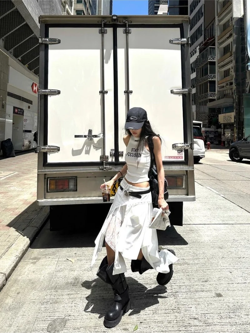 New Summer Fashion Irregular Skirt Women Spring Autumn White Lace Patchwork Drawstring High Street Skirts Y2k Streetwear