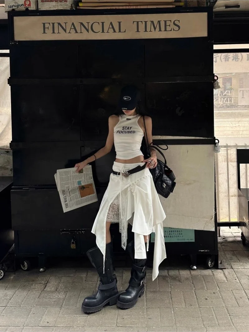New Summer Fashion Irregular Skirt Women Spring Autumn White Lace Patchwork Drawstring High Street Skirts Y2k Streetwear