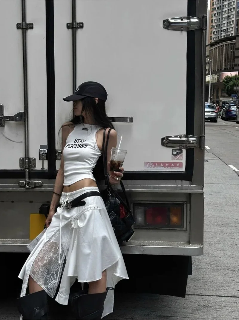 New Summer Fashion Irregular Skirt Women Spring Autumn White Lace Patchwork Drawstring High Street Skirts Y2k Streetwear