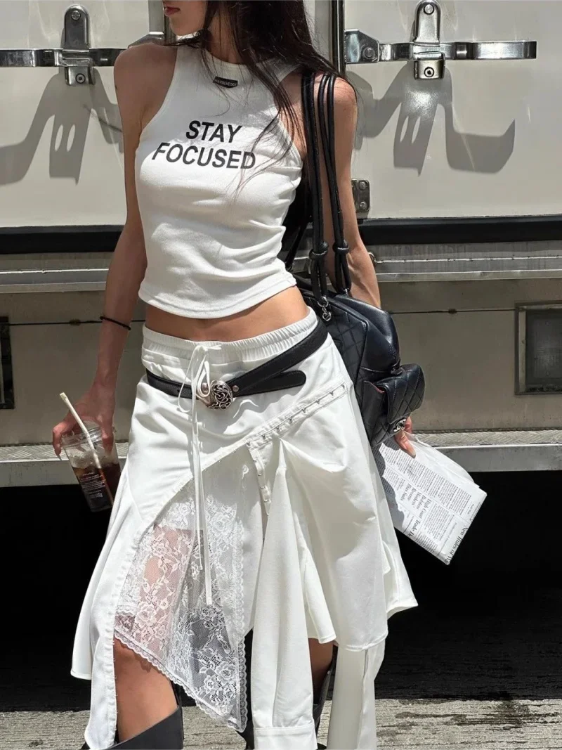 New Summer Fashion Irregular Skirt Women Spring Autumn White Lace Patchwork Drawstring High Street Skirts Y2k Streetwear