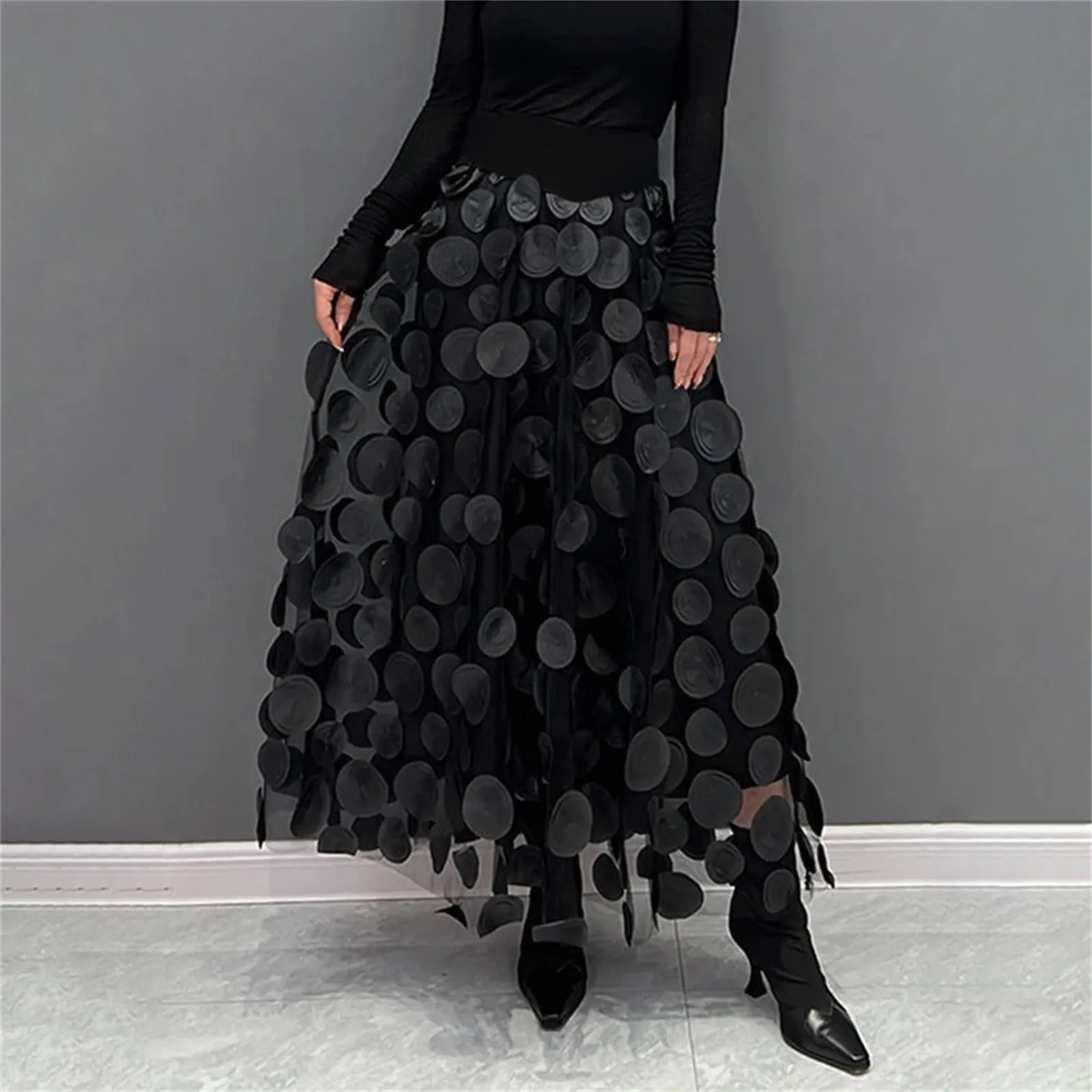 3D Polka Dot Appliques Black Skirt for Women Tulle Mesh Elegant Party Skirt Vintage Elastic Waist Long A-line Tutu Skirt 스커트