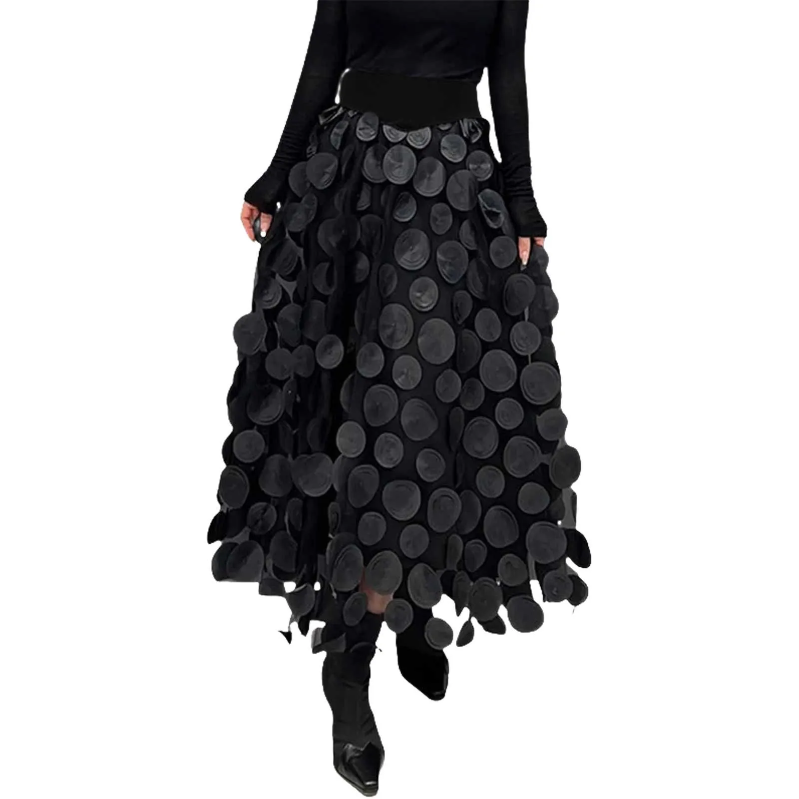 3D Polka Dot Appliques Black Skirt for Women Tulle Mesh Elegant Party Skirt Vintage Elastic Waist Long A-line Tutu Skirt 스커트