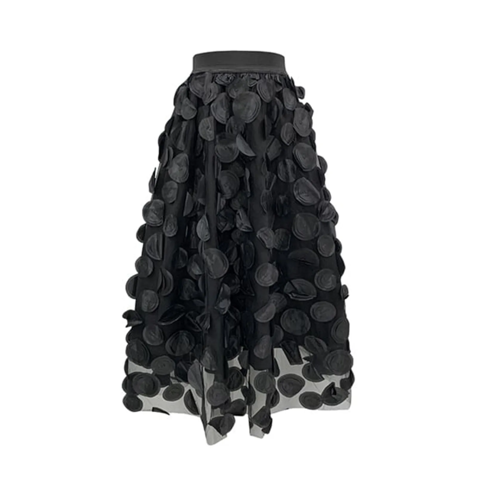 3D Polka Dot Appliques Black Skirt for Women Tulle Mesh Elegant Party Skirt Vintage Elastic Waist Long A-line Tutu Skirt 스커트