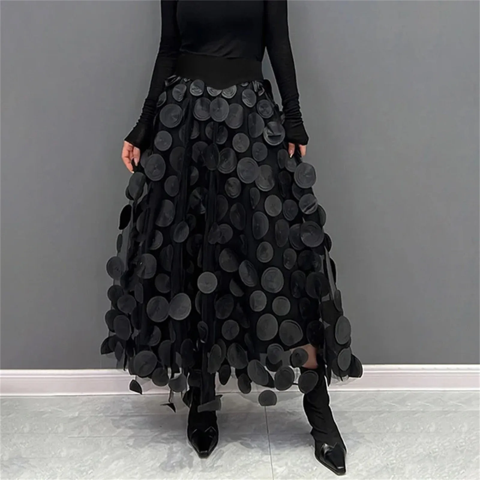 3D Polka Dot Appliques Black Skirt for Women Tulle Mesh Elegant Party Skirt Vintage Elastic Waist Long A-line Tutu Skirt 스커트