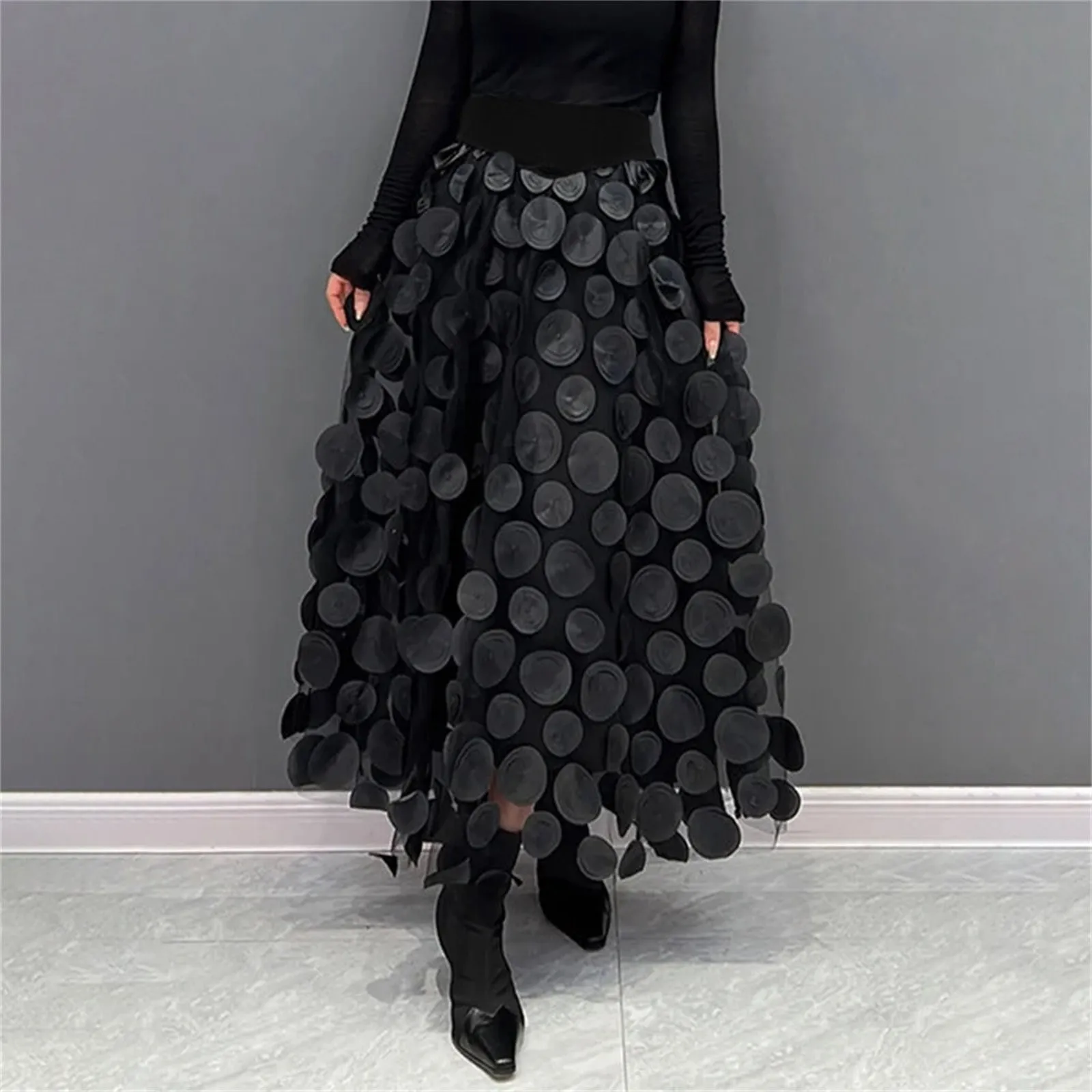 3D Polka Dot Appliques Black Skirt for Women Tulle Mesh Elegant Party Skirt Vintage Elastic Waist Long A-line Tutu Skirt 스커트