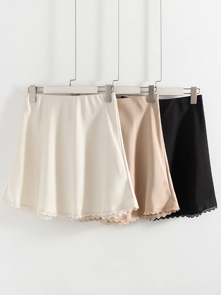 Streamgirl Satin Mini Skirt With Lace For Women Summer Elegant Black Satin  A-Line Skirts Short For Woman Mini Silk Skirts Lace