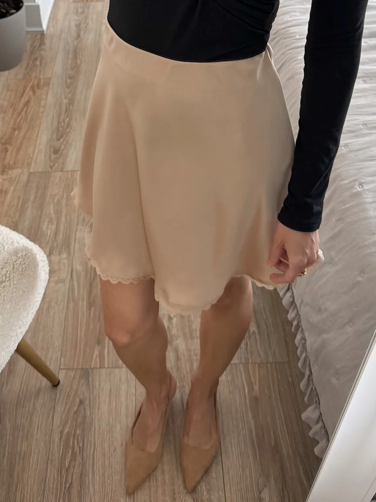 Streamgirl Satin Mini Skirt With Lace For Women Summer Elegant Black Satin  A-Line Skirts Short For Woman Mini Silk Skirts Lace