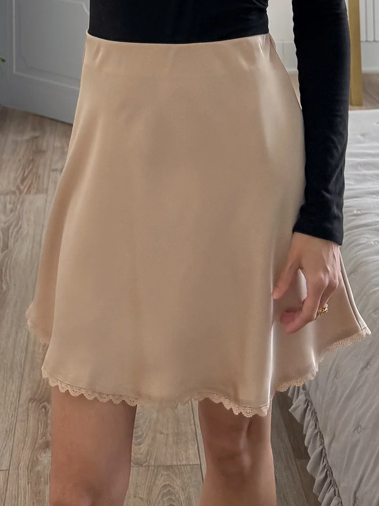 Streamgirl Satin Mini Skirt With Lace For Women Summer Elegant Black Satin  A-Line Skirts Short For Woman Mini Silk Skirts Lace