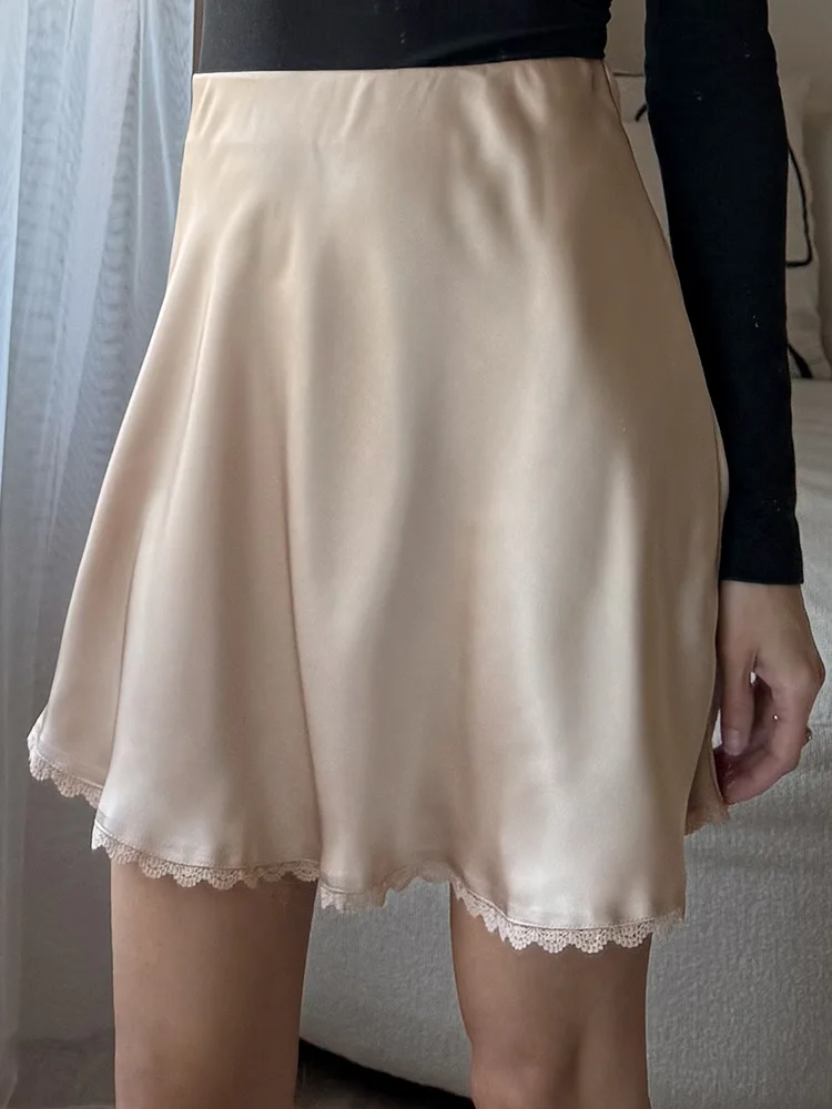 Streamgirl Satin Mini Skirt With Lace For Women Summer Elegant Black Satin  A-Line Skirts Short For Woman Mini Silk Skirts Lace