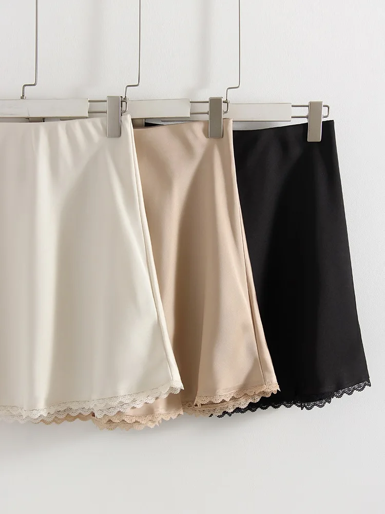 Streamgirl Satin Mini Skirt With Lace For Women Summer Elegant Black Satin  A-Line Skirts Short For Woman Mini Silk Skirts Lace