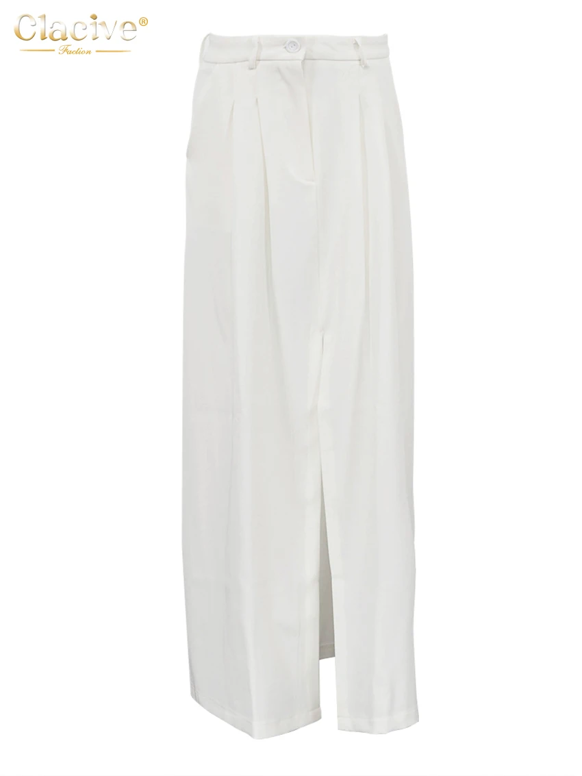 Clacive Fashion Loose White Women's Skirt Casual High Waist Maxi Skirt Elegant Classic Slit Solid Skirt Female Clothing 2025
